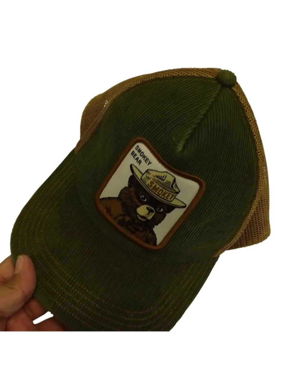 Smokey Bear Corduroy Mesh Trucker Hat Adjustable Forest Green & Tan Snapback